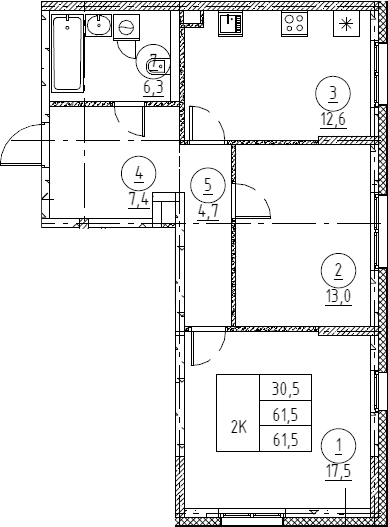 Планировка: 2 комнаты · 61,5 м²
