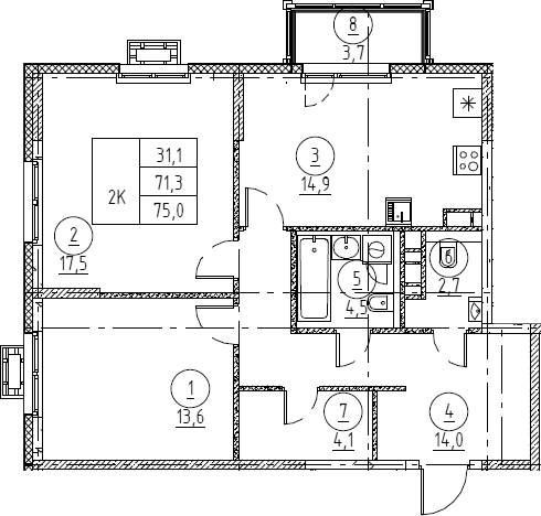 Планировка: 2 комнаты · 75 м²
