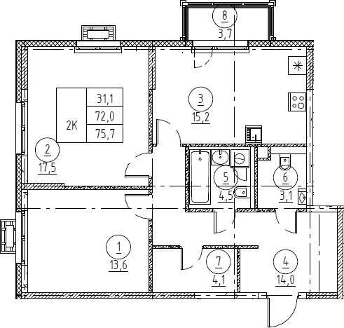 Планировка: 3Е-к.кв · 75,7 м²