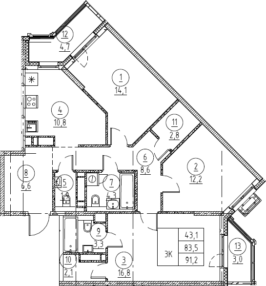 Планировка: 3 комнаты · 91,2 м²