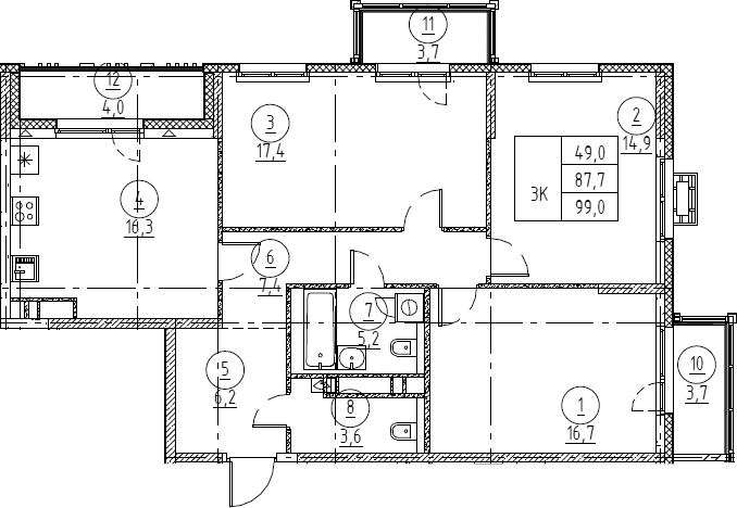 Планировка: 4Е-к.кв · 99,1 м²