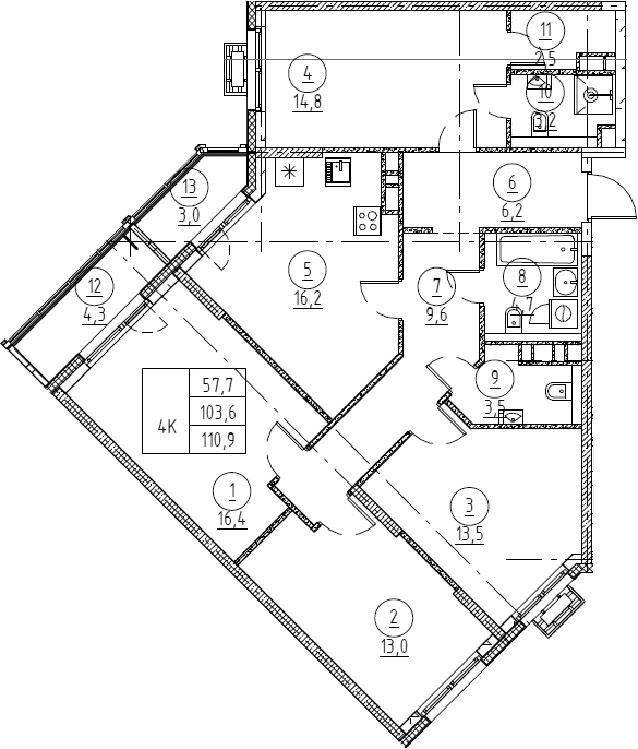 Планировка: 5Е-к.кв · 110,9 м²
