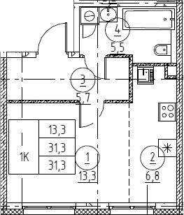 Планировка: Студия · 31,3 м²