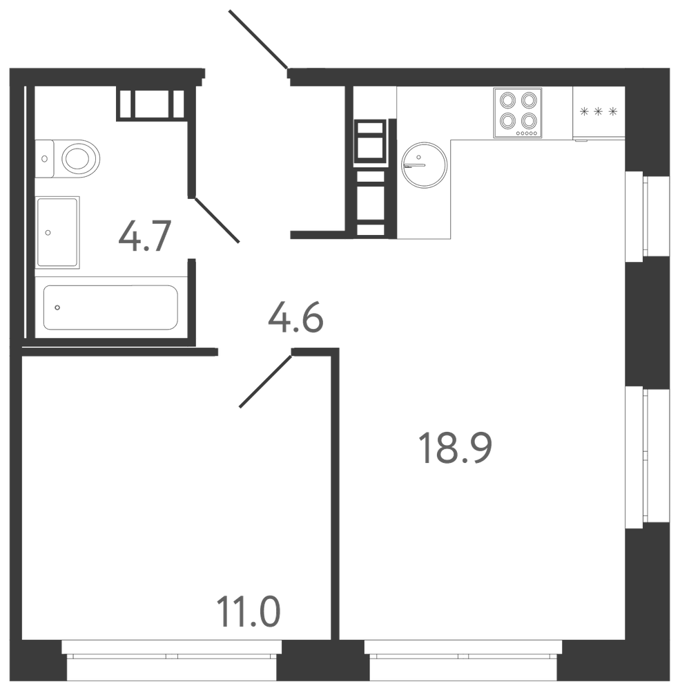 Планировка: 2Е-к.кв · 39,2 м²
