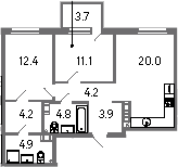 Планировка: 3Е-к.кв · 68,11 м²