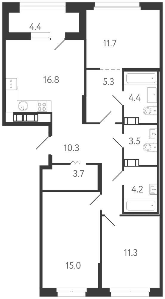 Планировка: 3 комнаты · 88,4 м²