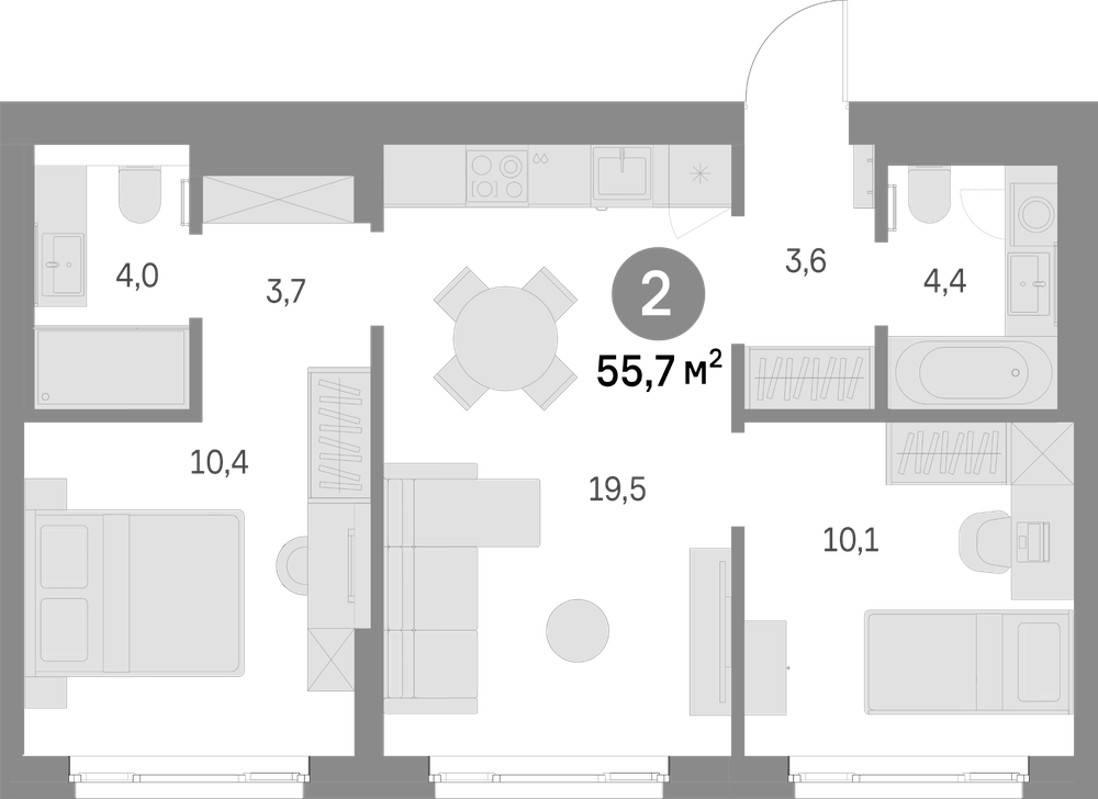 Планировка: 3Е-к.кв · 55,7 м²