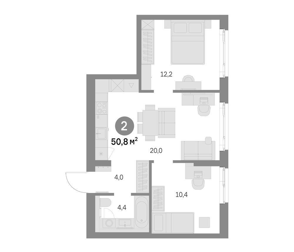 Планировка: 3Е-к.кв · 50,8 м²