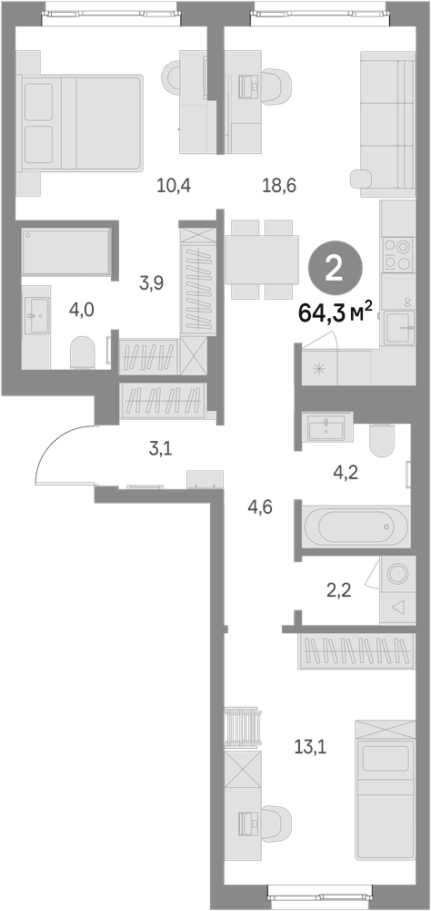 Планировка: 3Е-к.кв · 64,3 м²