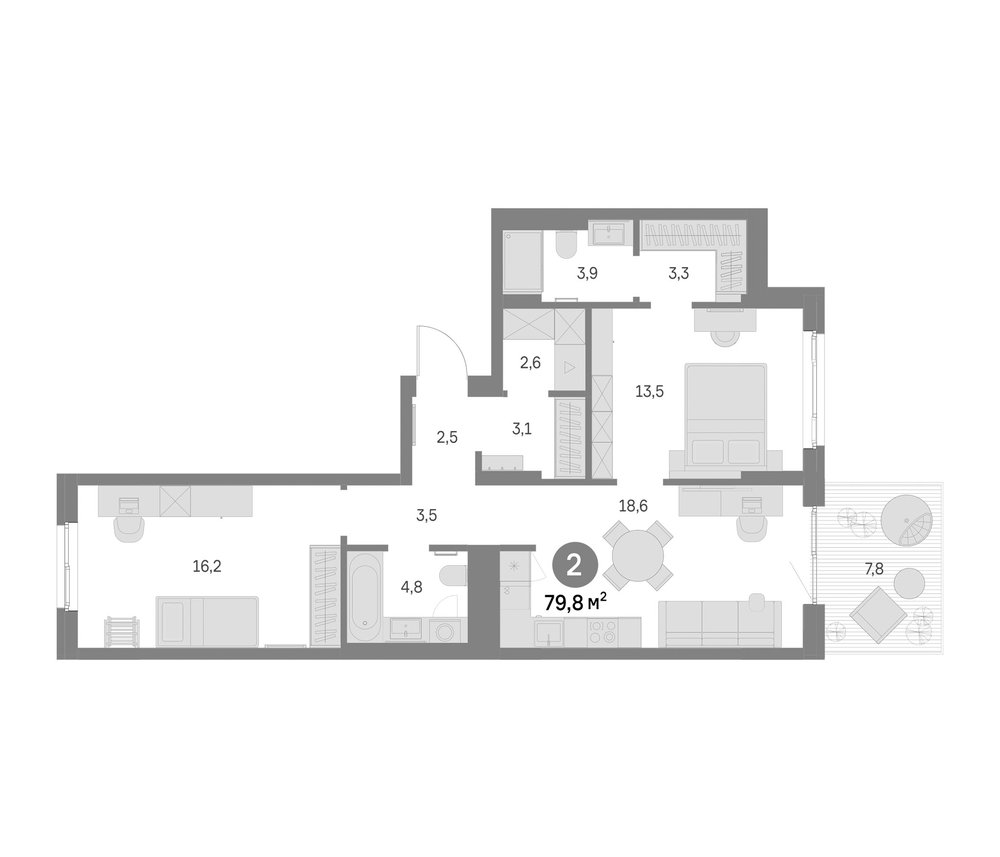 Планировка: 3Е-к.кв · 79,8 м²