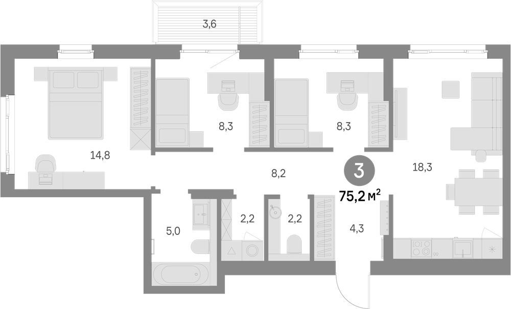 Планировка: 4Е-к.кв · 75,1 м²
