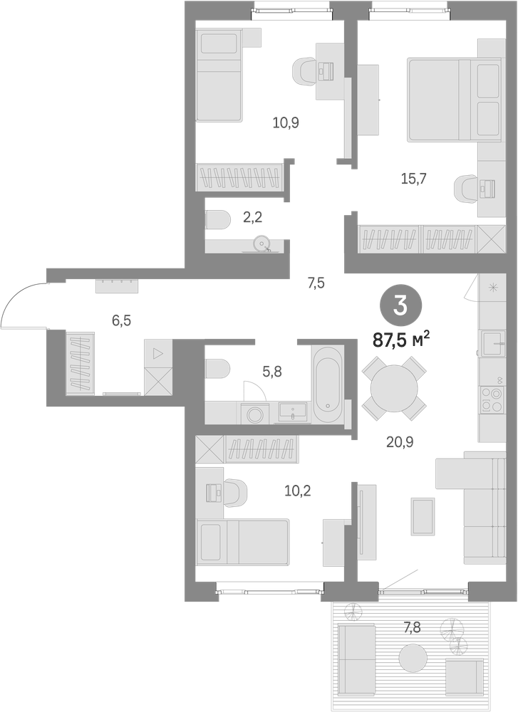 Планировка: 4Е-к.кв · 87,5 м²