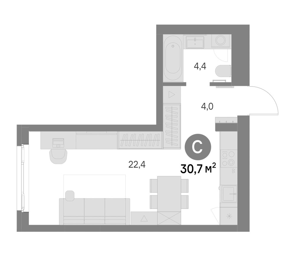 Планировка: Студия · 30,7 м²