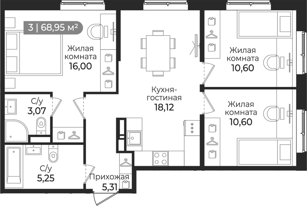 Планировка: 4Е-к.кв · 68,95 м²