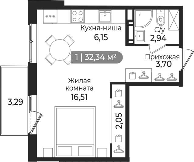 Планировка: Студия · 32,34 м²