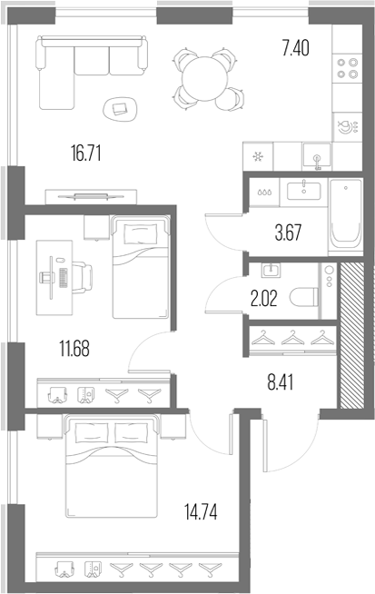 Планировка: 3Е-к.кв · 64,63 м²