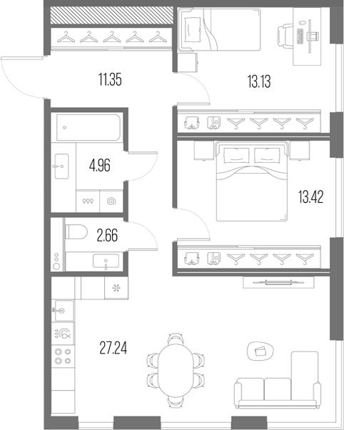 Планировка: 3Е-к.кв · 72,76 м²