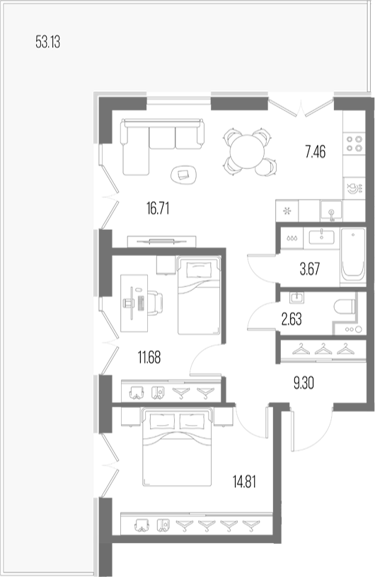 Планировка: 3Е-к.кв · 119,39 м²