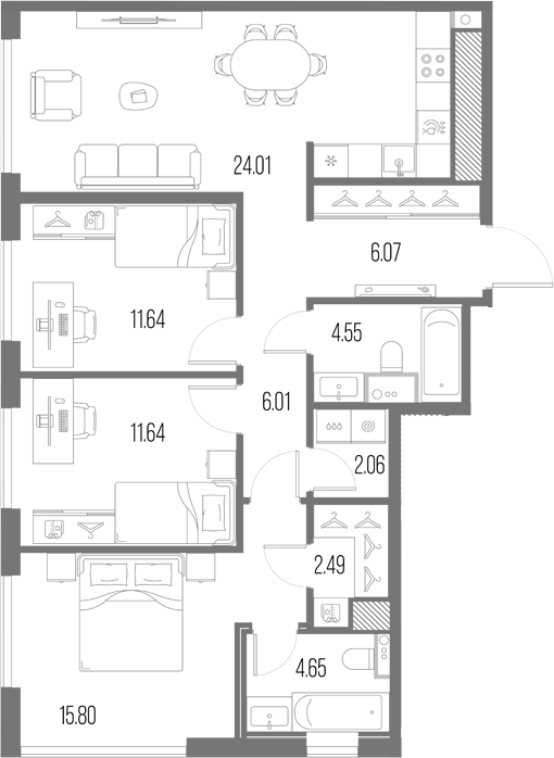 Планировка: 4Е-к.кв · 88,92 м²