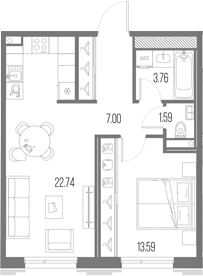 Планировка: 2Е-к.кв · 48,68 м²