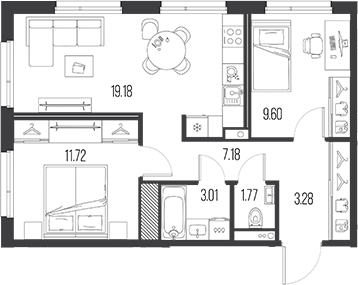 Планировка: 3Е-к.кв · 55,74 м²