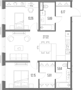 Планировка: 3Е-к.кв · 76,14 м²
