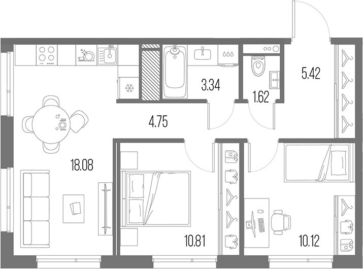 Планировка: 3Е-к.кв · 54,14 м²