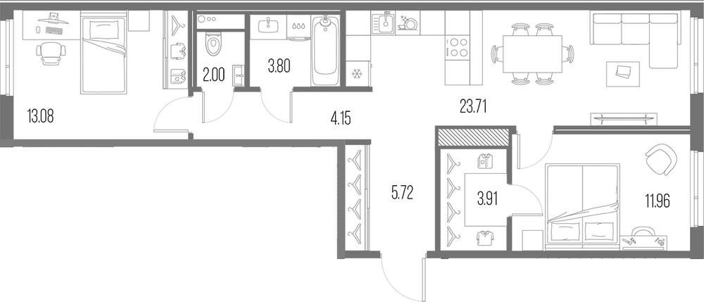 Планировка: 3Е-к.кв · 68,33 м²