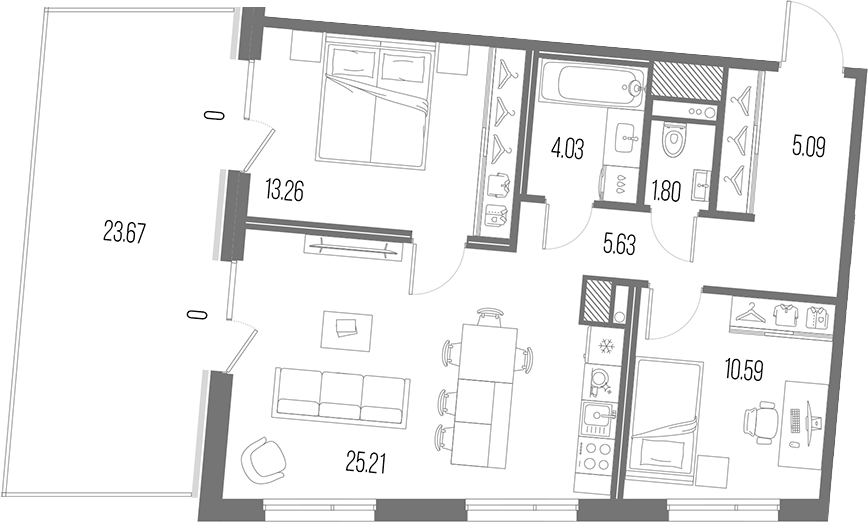 Планировка: 3Е-к.кв · 89,28 м²