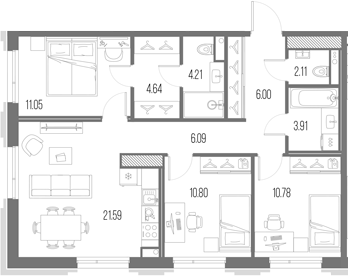 Планировка: 4Е-к.кв · 81,18 м²