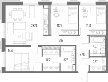 Планировка: 4Е-к.кв · 85,77 м²