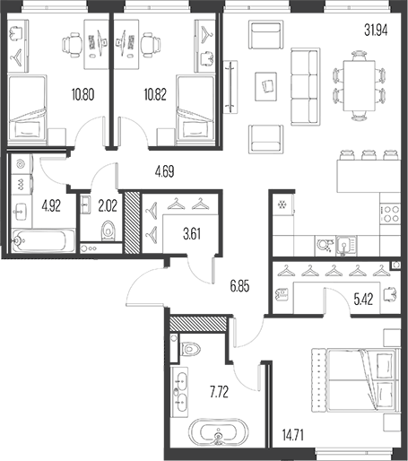 Планировка: 4Е-к.кв · 103,5 м²