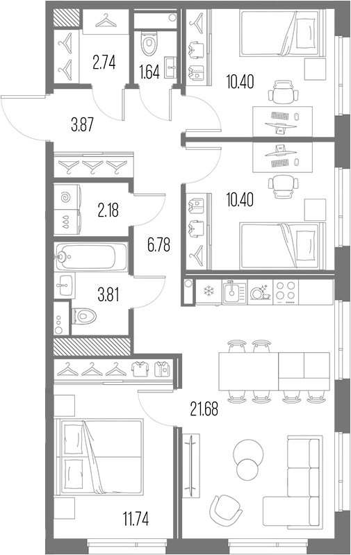 Планировка: 4Е-к.кв · 75,24 м²
