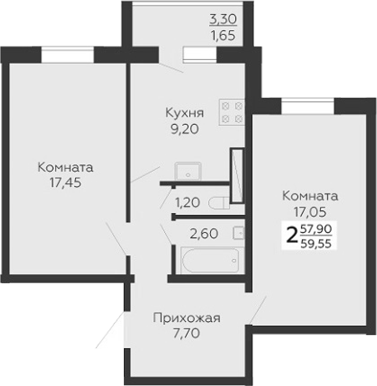 Планировка: 2 комнаты · 59,55 м²