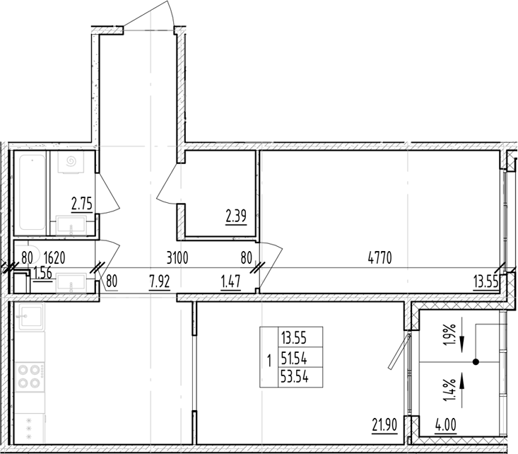 Планировка: 1 комната · 53,54 м²