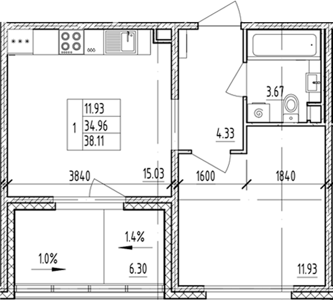 Планировка: 1 комната · 38,11 м²