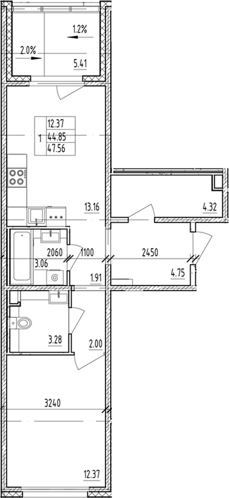 Планировка: 1 комната · 47,56 м²