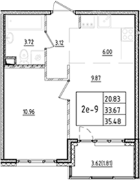 Планировка: 2Е-к.кв · 35,48 м²