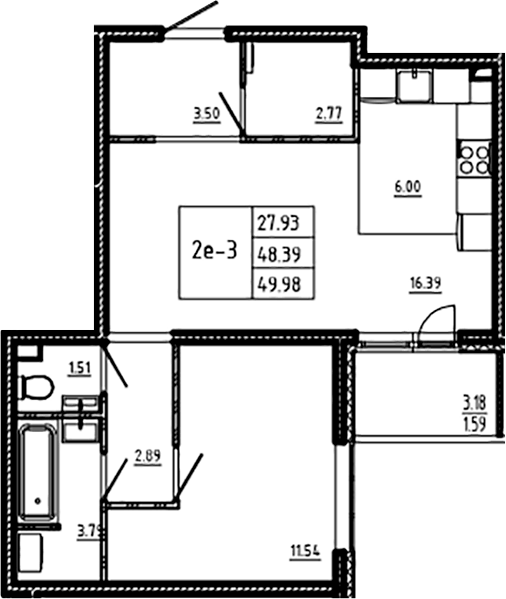 Планировка: 2Е-к.кв · 49,98 м²