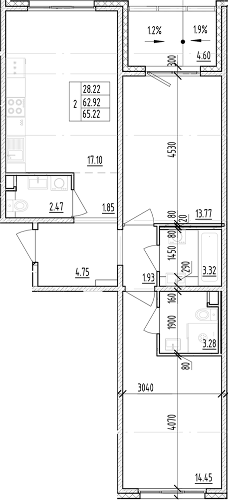 Планировка: 2 комнаты · 65,22 м²