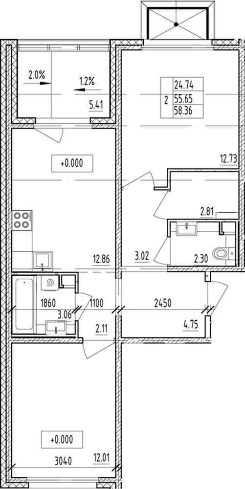 Планировка: 2 комнаты · 58,36 м²
