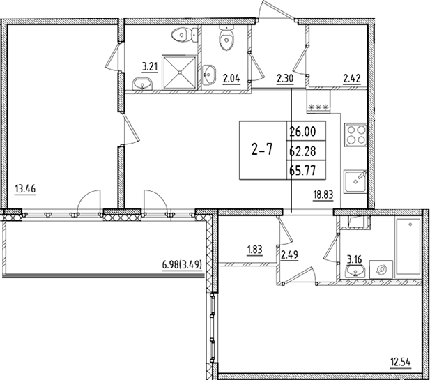 Планировка: 2 комнаты · 65,77 м²