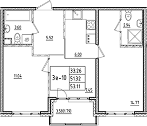 Планировка: 3Е-к.кв · 53,11 м²