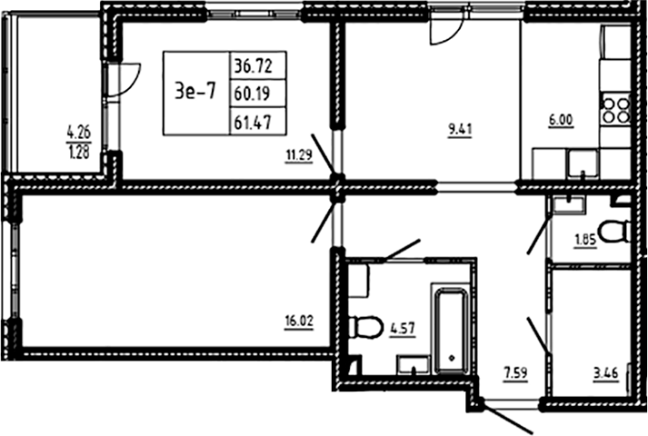 Планировка: 3Е-к.кв · 61,47 м²