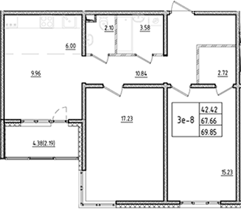 Планировка: 3Е-к.кв · 69,85 м²