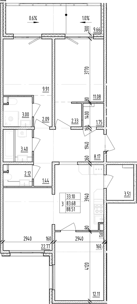 Планировка: 3 комнаты · 88,51 м²