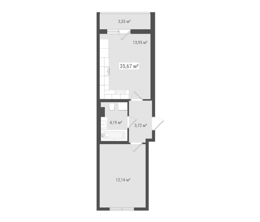 Планировка: 2Е-к.кв · 35,67 м²
