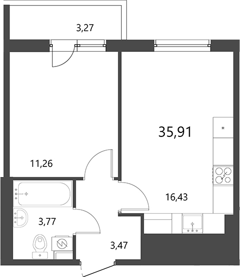 Планировка: 2Е-к.кв · 35,91 м²
