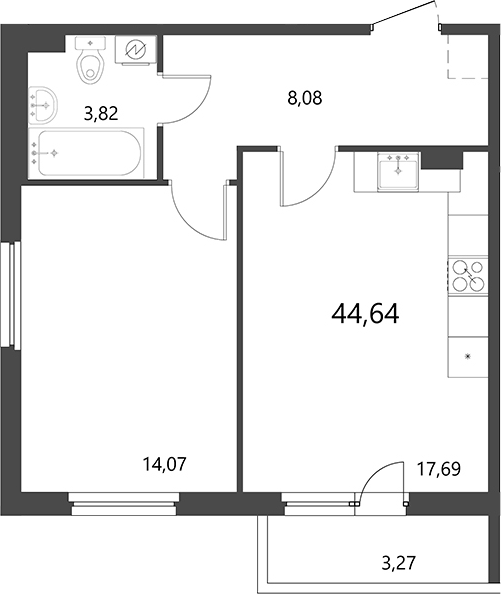 Планировка: 2Е-к.кв · 44,64 м²
