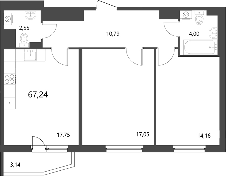 Планировка: 3Е-к.кв · 67,24 м²